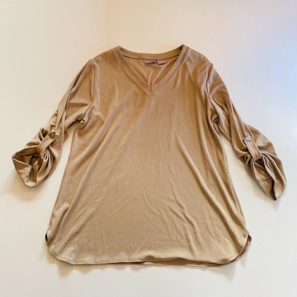 Chico's Travlers Blouse Top Tan Gold Mettalic V Neck Coastal Grandma Roll Tab L
